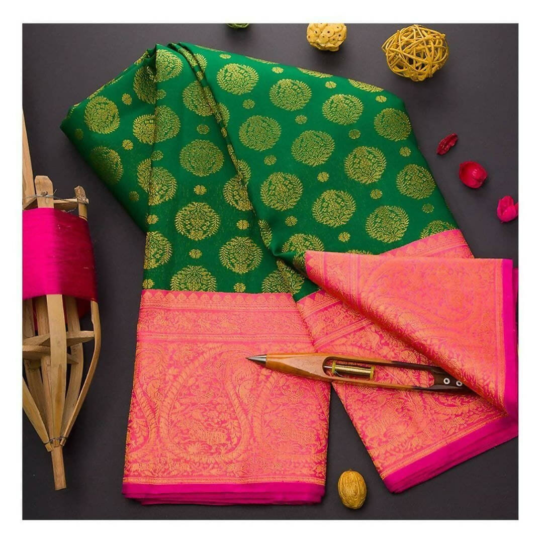 DEIANA'S Beautiful Designer Golden zari Soft Lichi Silk Saree - Green | Grocsy