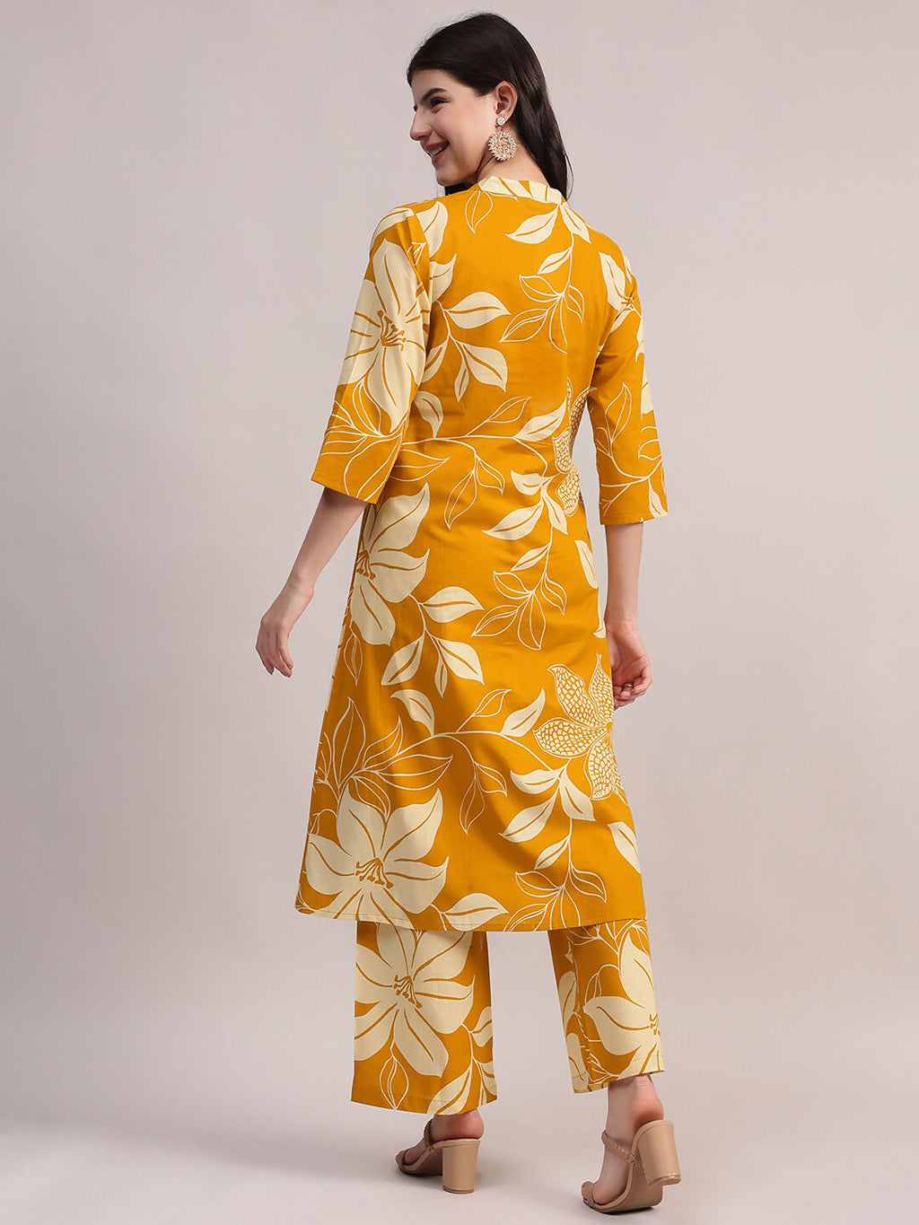 Aavyora Women's Mustard Yellow & White Floral Printed Cotton Co-Ord Set | Grocsy