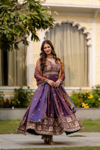 Teeya Creation Wine Primium Fendy Satin Silk Embroidery Work Wedding Wear Gown | Grocsy