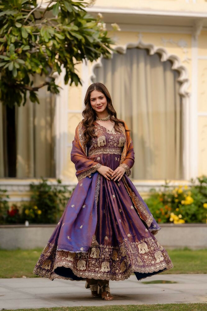 Teeya Creation Wine Primium Fendy Satin Silk Embroidery Work Wedding Wear Gown | Grocsy