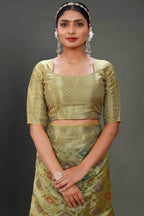 Olive Soft Organza Woven Design Saree With Unstitched Blouse Piece - Zaara | Grocsy