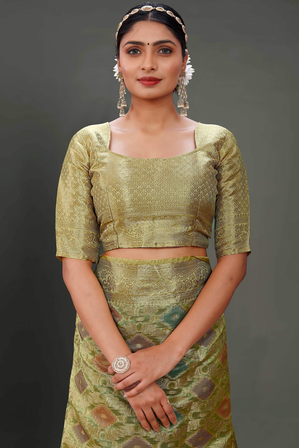 Olive Soft Organza Woven Design Saree With Unstitched Blouse Piece - Zaara | Grocsy