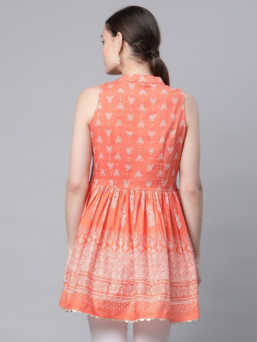 Ahalyaa Women Orange Pure Cotton Porcian Print Tunic | Grocsy