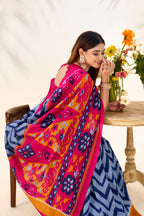Vastranavya Blue Tussar Silk Zigzag Waves Printed Saree with Unstitched Blouse | Grocsy