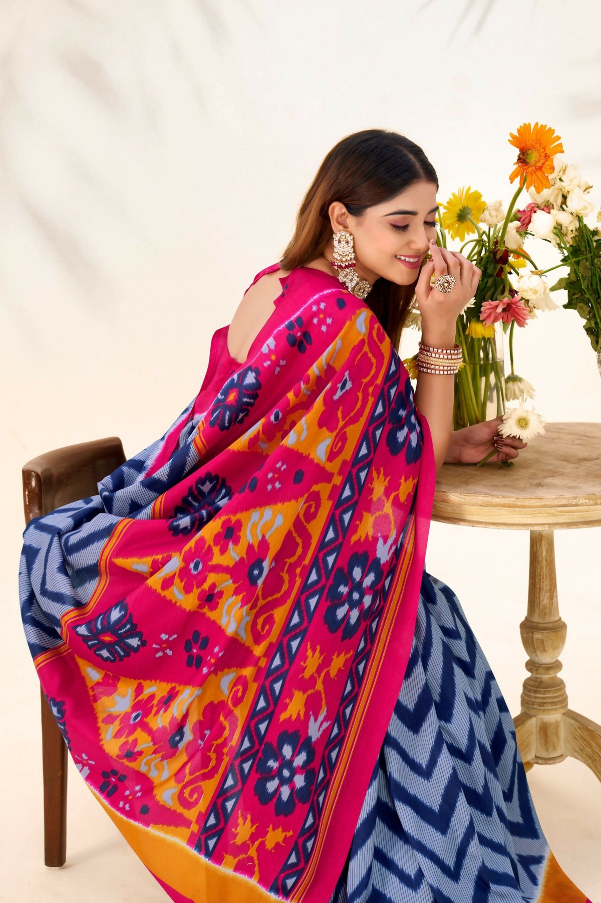 Vastranavya Blue Tussar Silk Zigzag Waves Printed Saree with Unstitched Blouse | Grocsy