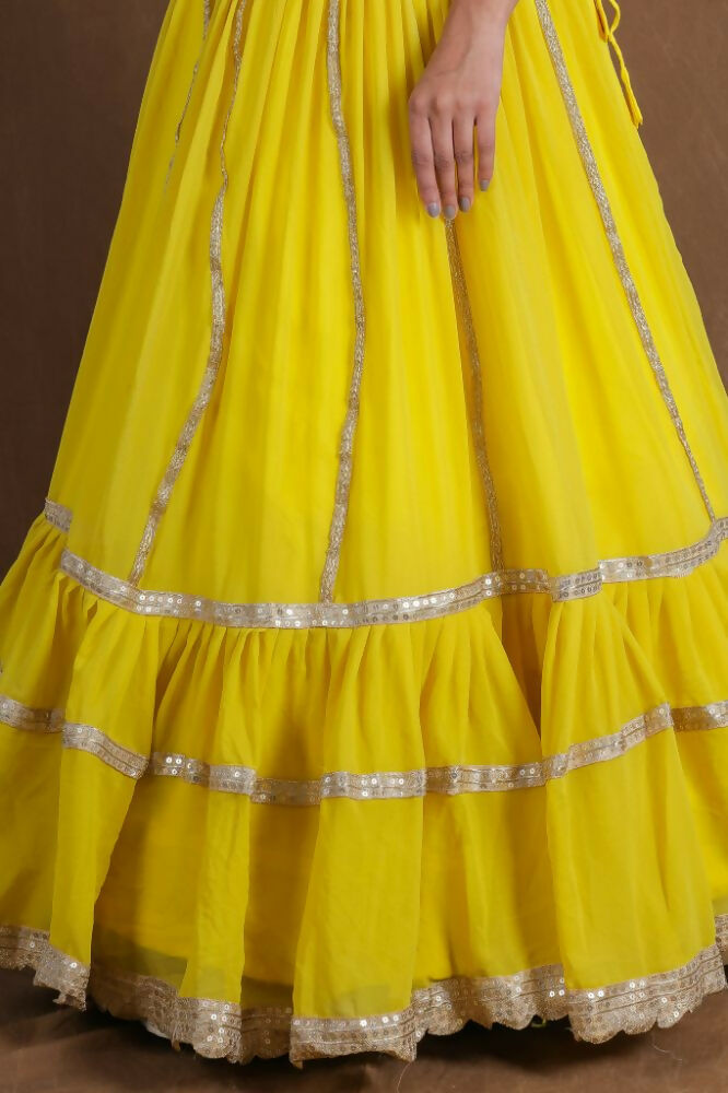 Yellow Georgette Zari Sequence Embroidery With Foil Mirror Work Lehenga Choli - Jihu Culture | Grocsy