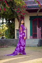 Vastranavya Purple Chiffon Floral Printed & Pearl Lace Border Saree with Unstitched Blouse | Grocsy