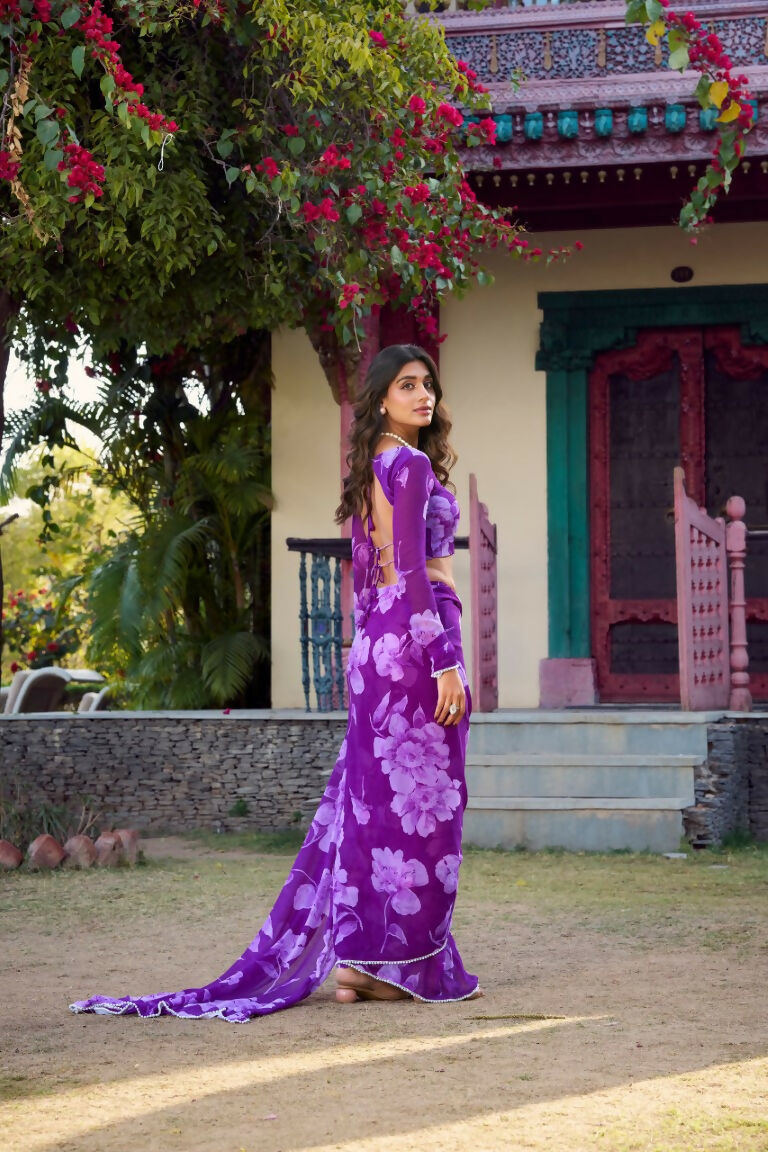 Vastranavya Purple Chiffon Floral Printed & Pearl Lace Border Saree with Unstitched Blouse | Grocsy