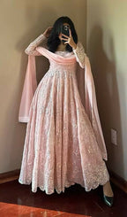 Teeya Creation Light Peach Color Faux Georgette Long Party Wear Gown | Grocsy