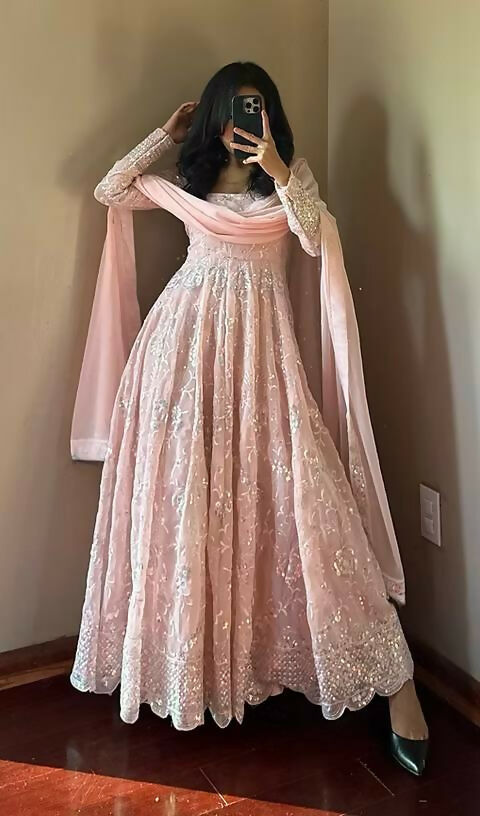 Teeya Creation Light Peach Color Faux Georgette Long Party Wear Gown | Grocsy