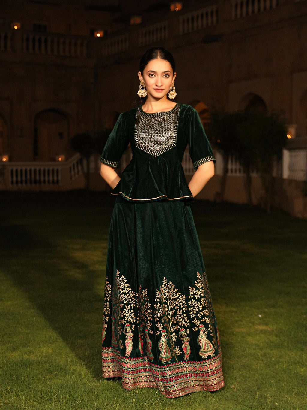 Juniper Women's The Sunehri Green Zari Embroidered Velvet Top & Skirt Set With Sequins & Lace | Grocsy