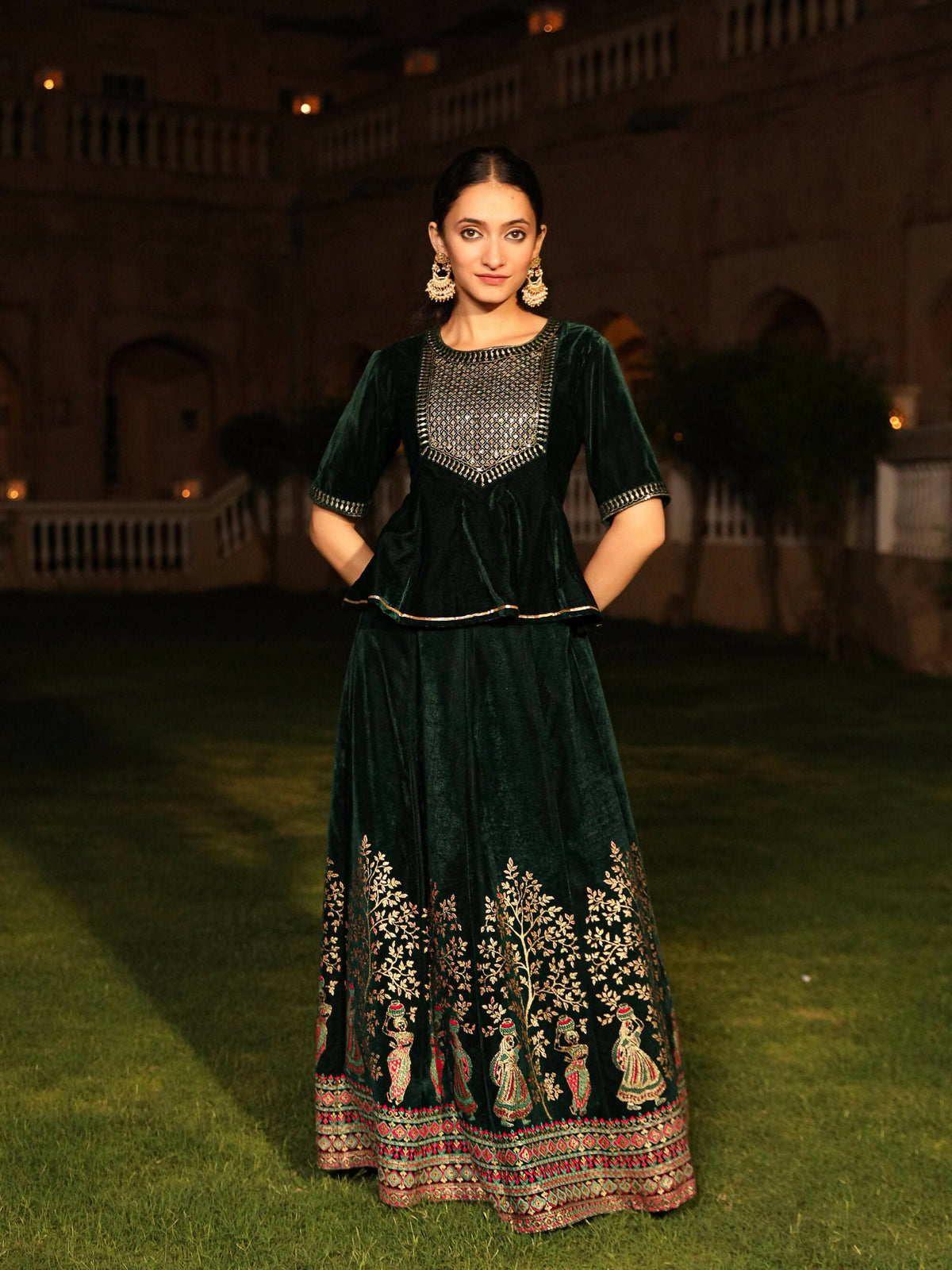 Juniper Women's The Sunehri Green Zari Embroidered Velvet Top & Skirt Set With Sequins & Lace | Grocsy