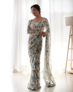 Teeya Creation Grey Color Tabby Silk Fabric ready To Wear Saree | Grocsy