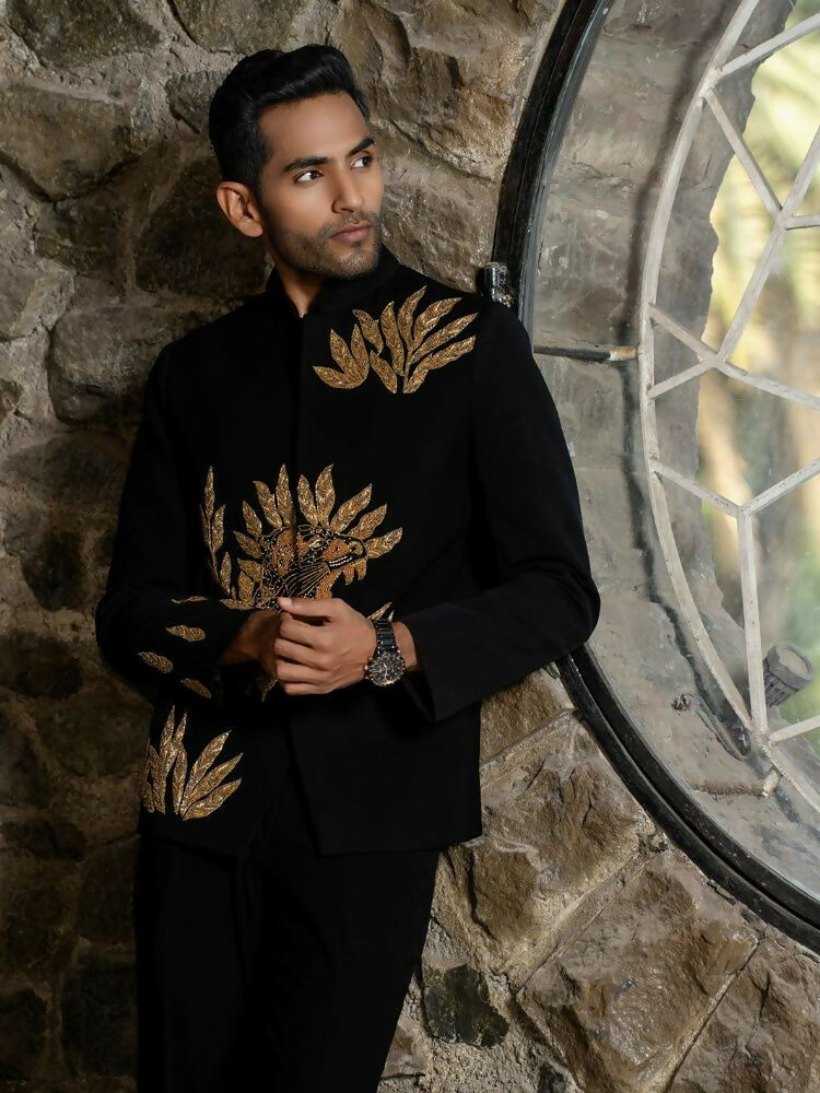 Black Bandhgala With Embroidery-Leaves by Hilo Design | Grocsy