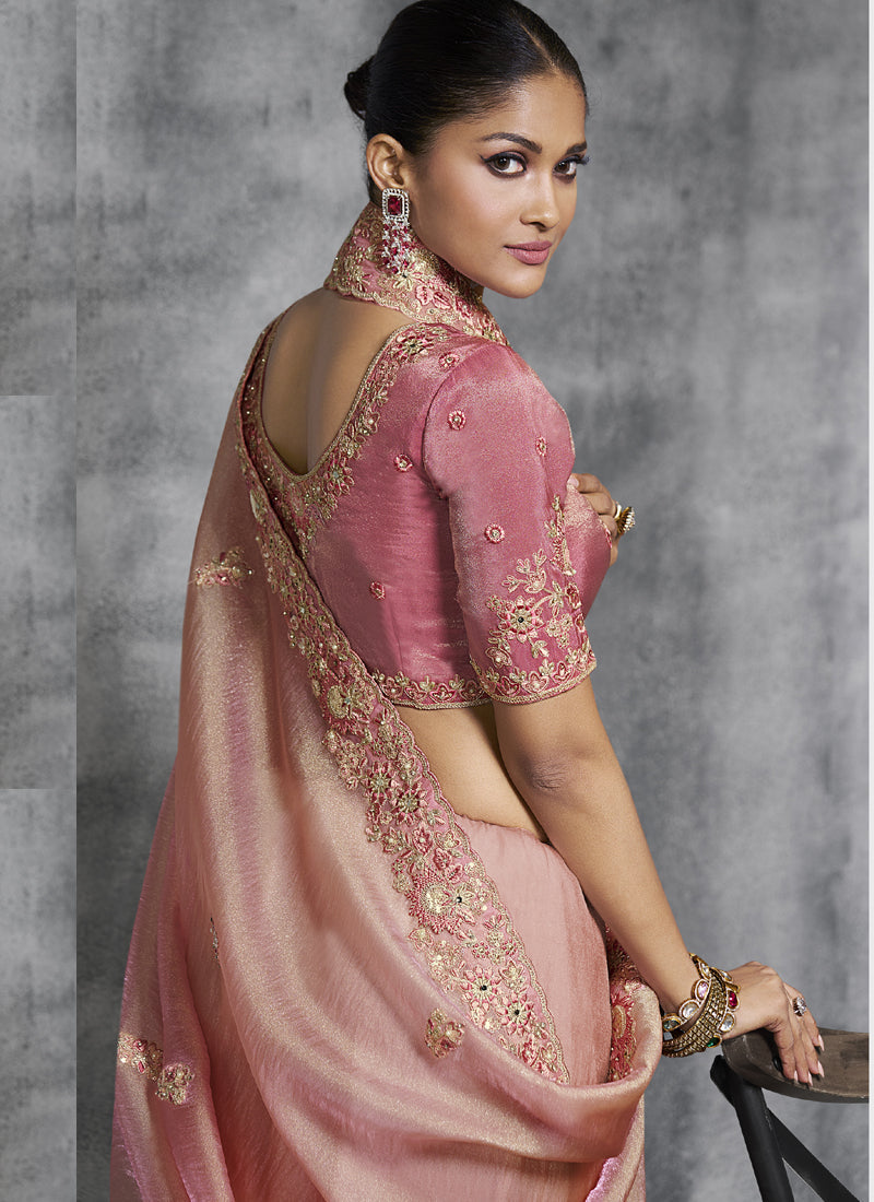 Vegaa Fashion Peach Silk Embroidered Wedding Wear Saree | Grocsy