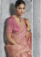 Vegaa Fashion Peach Silk Embroidered Wedding Wear Saree | Grocsy
