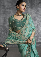 Vegaa Fashion Turquoise Silk Embroidered Wedding Wear Saree | Grocsy