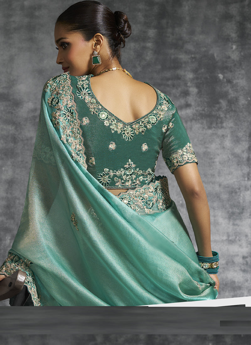 Vegaa Fashion Turquoise Silk Embroidered Wedding Wear Saree | Grocsy