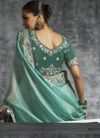 Vegaa Fashion Turquoise Silk Embroidered Wedding Wear Saree | Grocsy