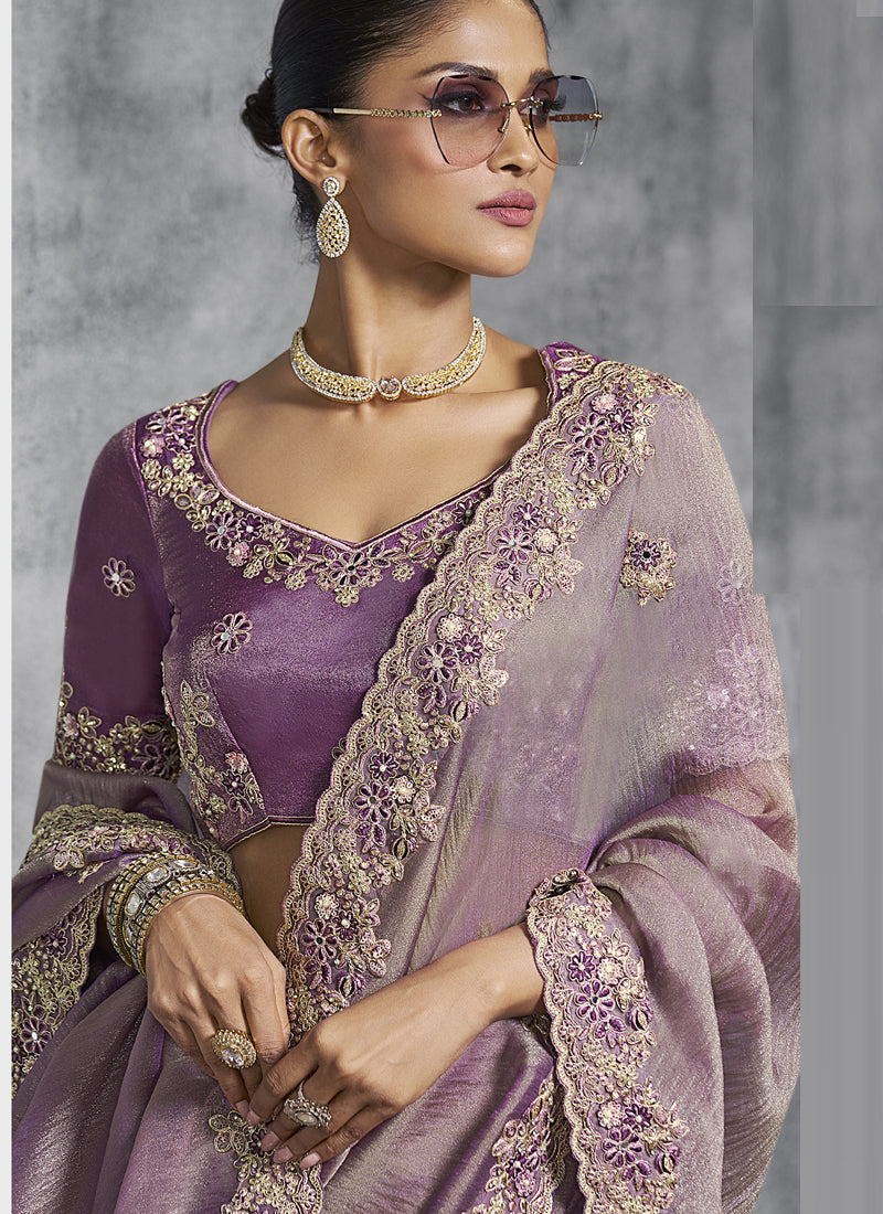 Vegaa Fashion Lavender Silk Embroidered Wedding Wear Saree | Grocsy