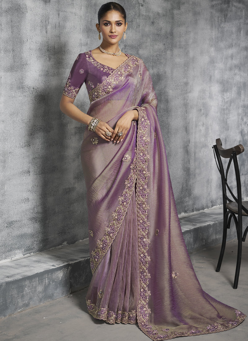 Vegaa Fashion Lavender Silk Embroidered Wedding Wear Saree | Grocsy