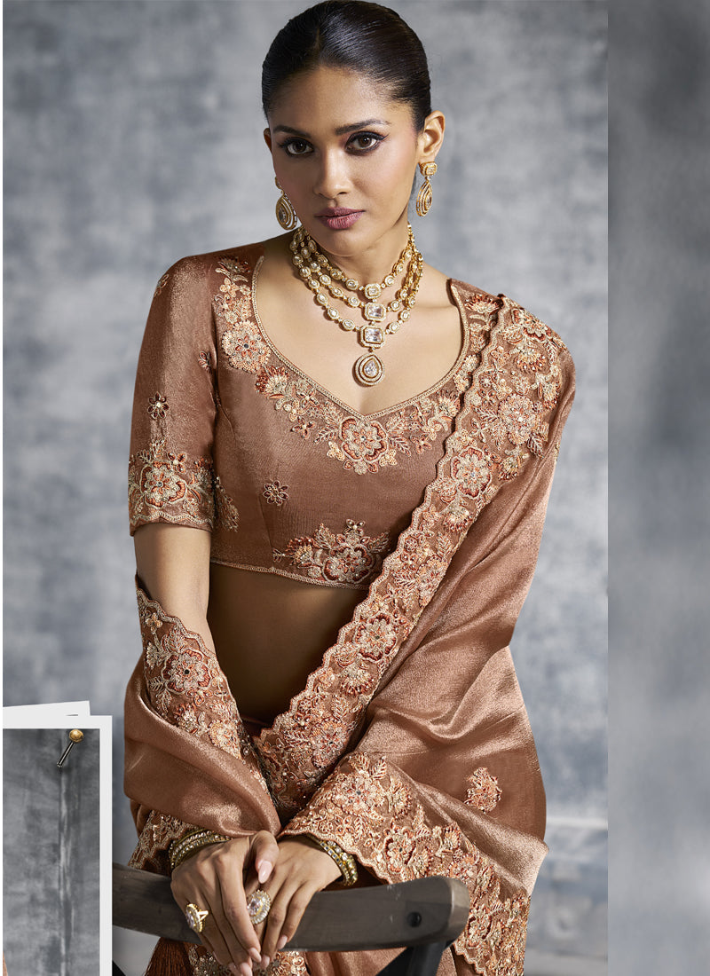 Vegaa Fashion Brown Embroidered Wedding Wear Saree | Grocsy