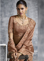 Vegaa Fashion Brown Embroidered Wedding Wear Saree | Grocsy