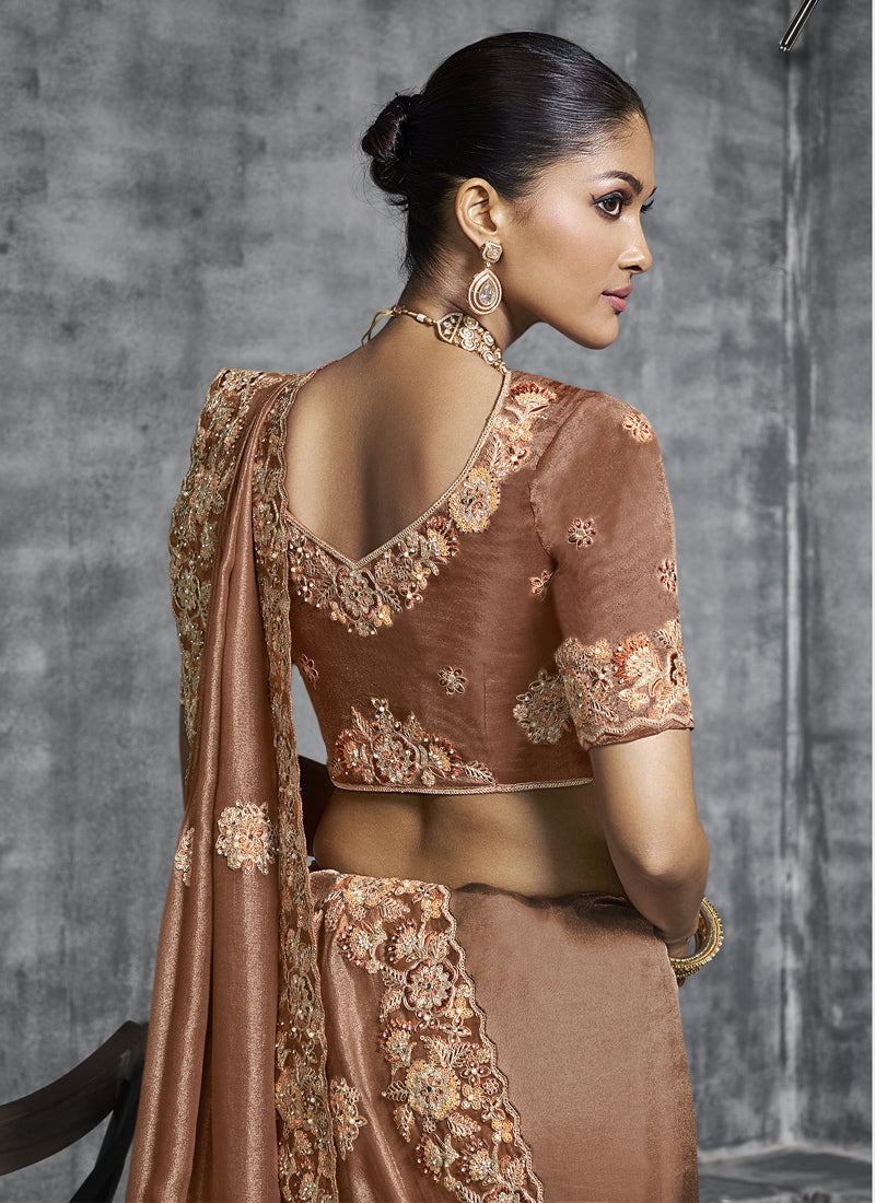 Vegaa Fashion Brown Embroidered Wedding Wear Saree | Grocsy