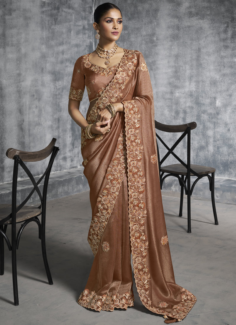 Vegaa Fashion Brown Embroidered Wedding Wear Saree | Grocsy
