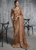Vegaa Fashion Brown Embroidered Wedding Wear Saree | Grocsy