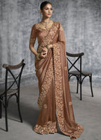 Vegaa Fashion Brown Embroidered Wedding Wear Saree | Grocsy