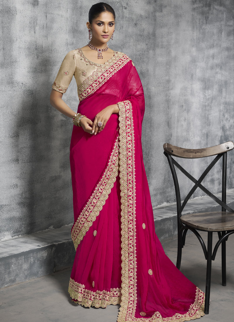 Vegaa Fashion Red Silk Embroidered Wedding Wear Saree | Grocsy