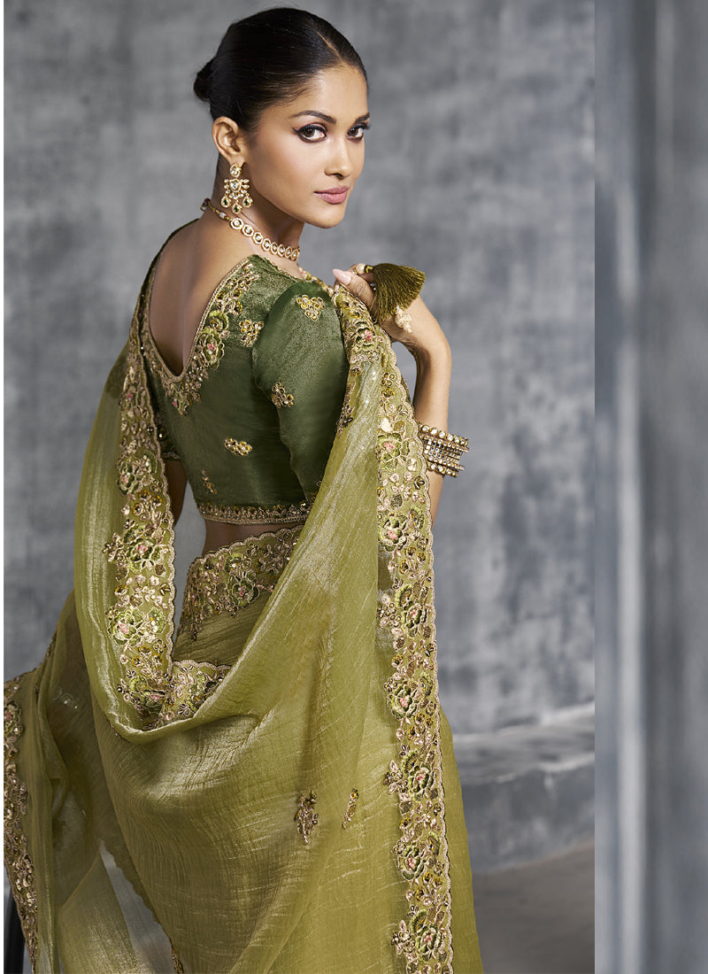 Vegaa Fashion Mehendi Silk Embroidered Wedding Wear Saree | Grocsy