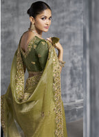 Vegaa Fashion Mehendi Silk Embroidered Wedding Wear Saree | Grocsy
