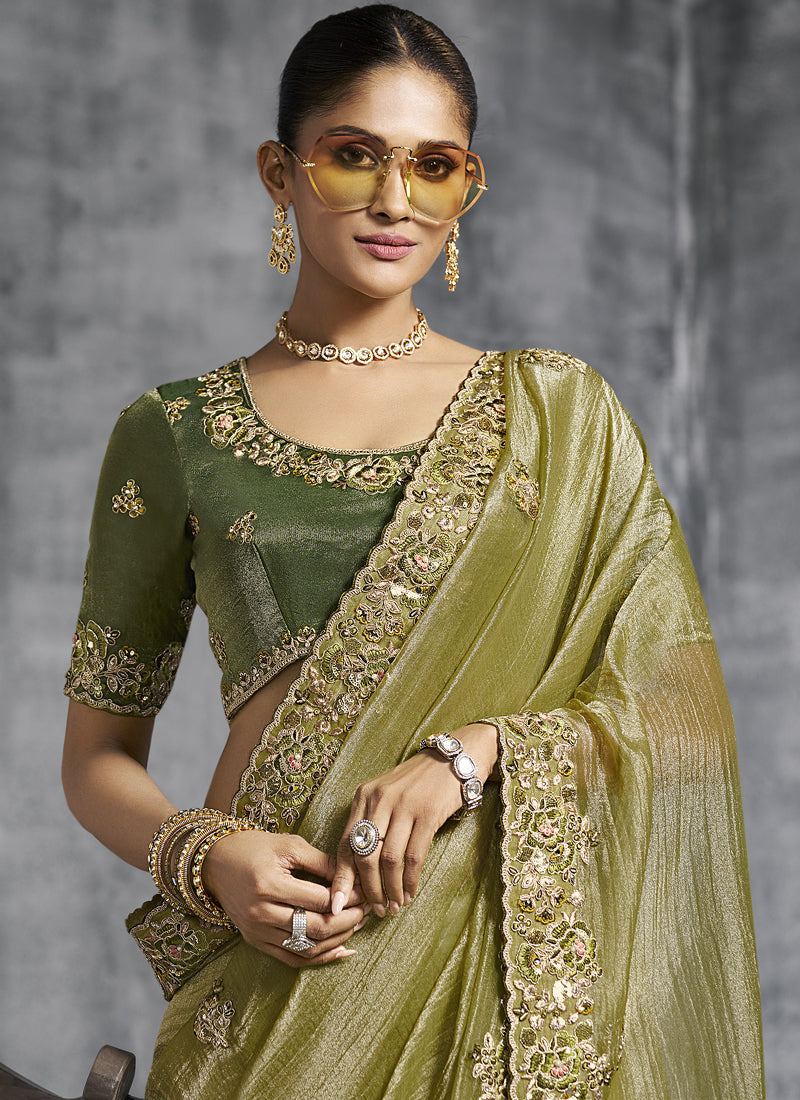 Vegaa Fashion Mehendi Silk Embroidered Wedding Wear Saree | Grocsy