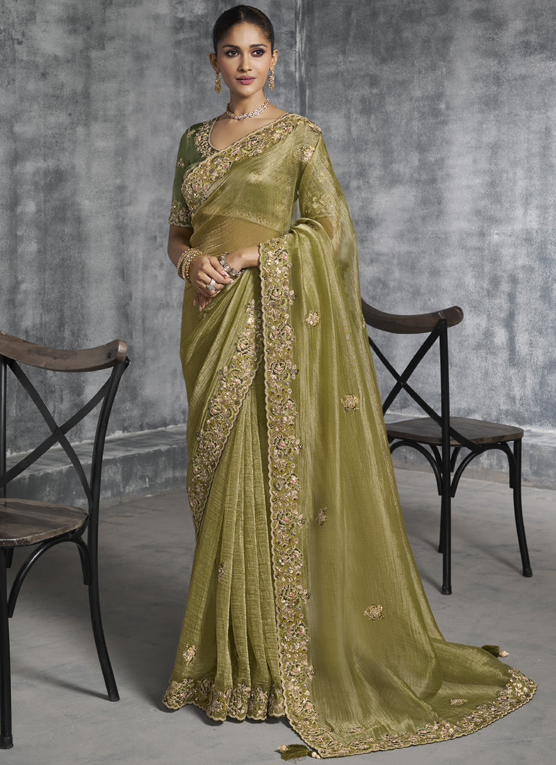Vegaa Fashion Mehendi Silk Embroidered Wedding Wear Saree | Grocsy