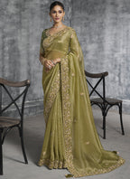 Vegaa Fashion Mehendi Silk Embroidered Wedding Wear Saree | Grocsy