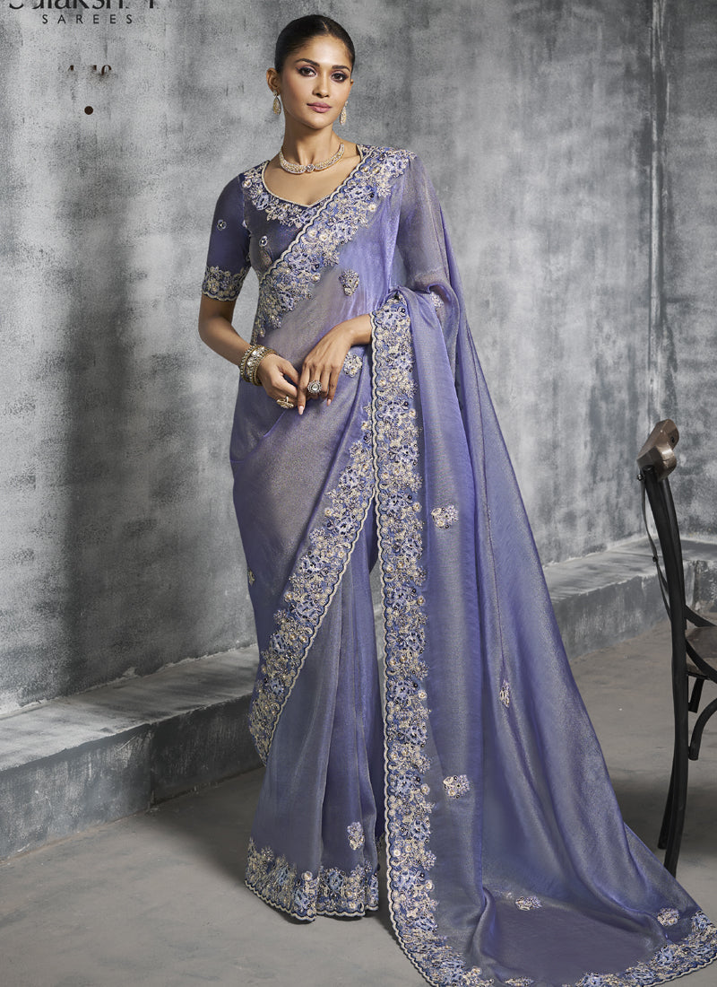 Vegaa Fashion Lavender Silk Embroidered Wedding Wear Saree | Grocsy