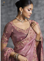Vegaa Fashion Pink Art Silk Embroidered Wedding Wear Saree | Grocsy