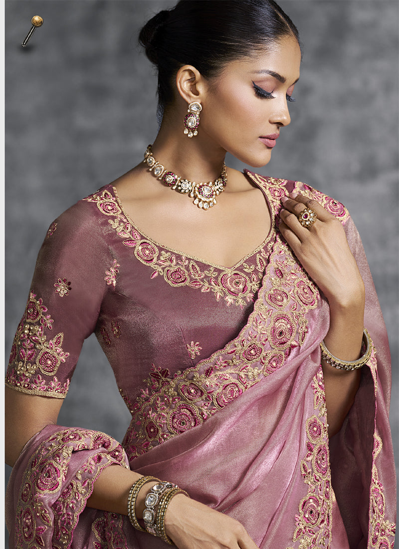 Vegaa Fashion Peach Silk Embroidered Wedding Wear Saree | Grocsy