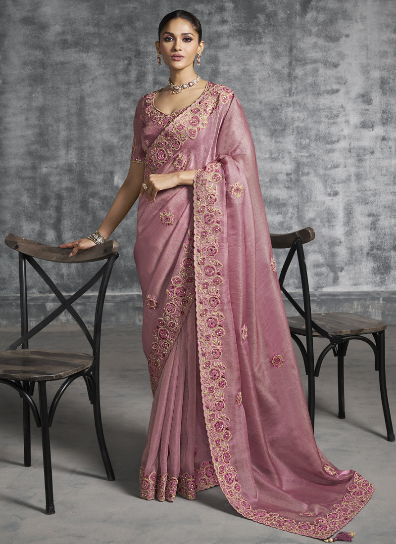 Vegaa Fashion Peach Silk Embroidered Wedding Wear Saree | Grocsy