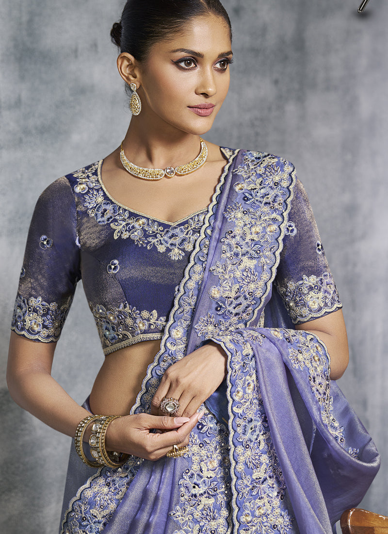 Vegaa Fashion Lavender Silk Embroidered Wedding Wear Saree | Grocsy