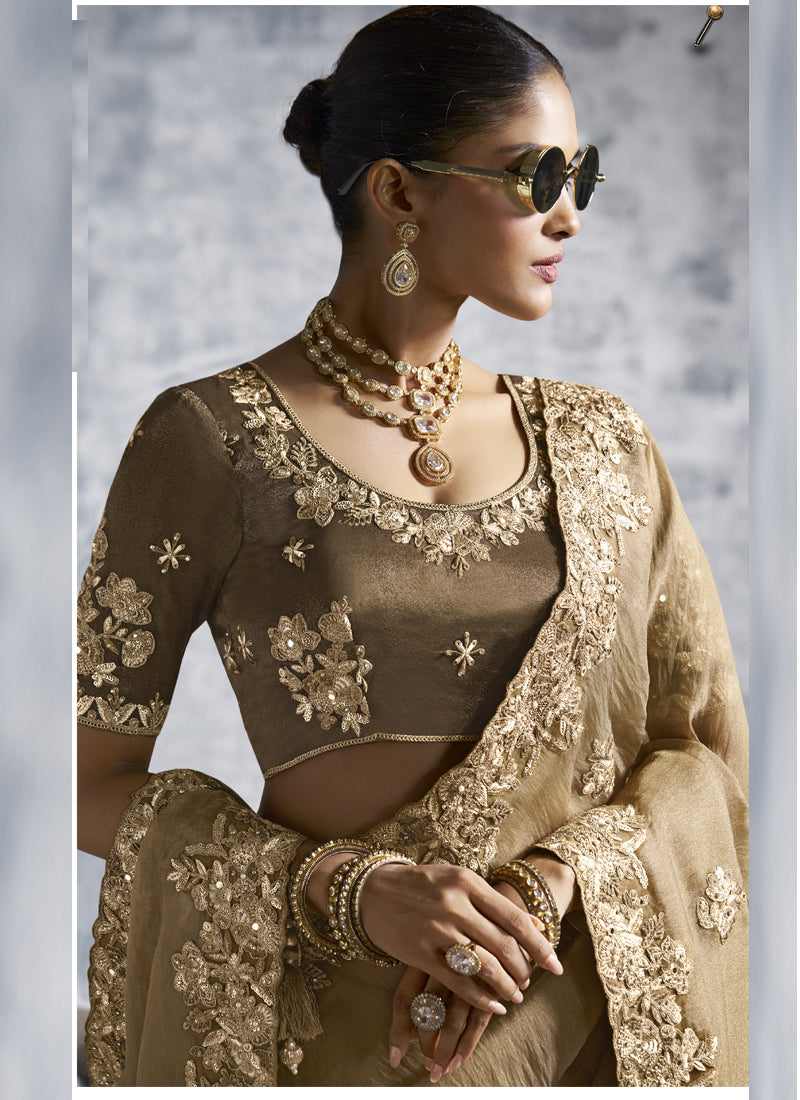 Vegaa Fashion Beige Silk Embroidered Wedding Wear Saree | Grocsy