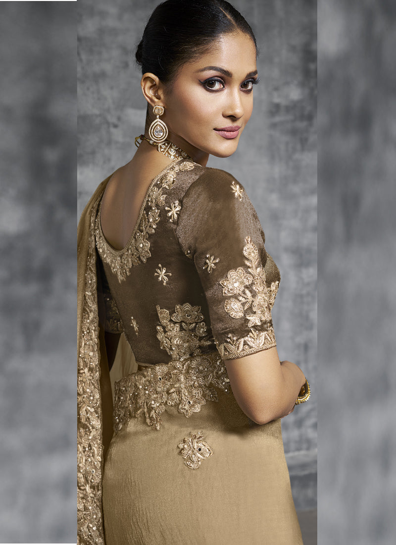 Vegaa Fashion Beige Silk Embroidered Wedding Wear Saree | Grocsy