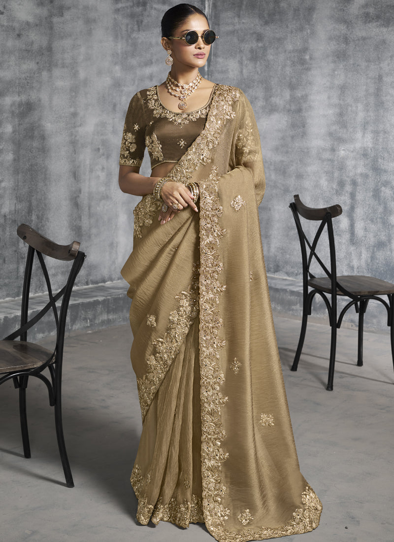 Vegaa Fashion Beige Silk Embroidered Wedding Wear Saree | Grocsy