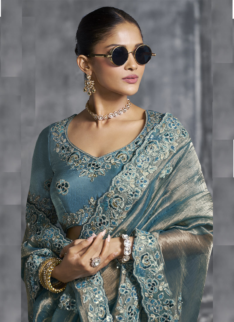 Vegaa Fashion Turquoise Silk Embroidered Wedding Wear Saree | Grocsy