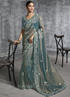 Vegaa Fashion Turquoise Silk Embroidered Wedding Wear Saree | Grocsy