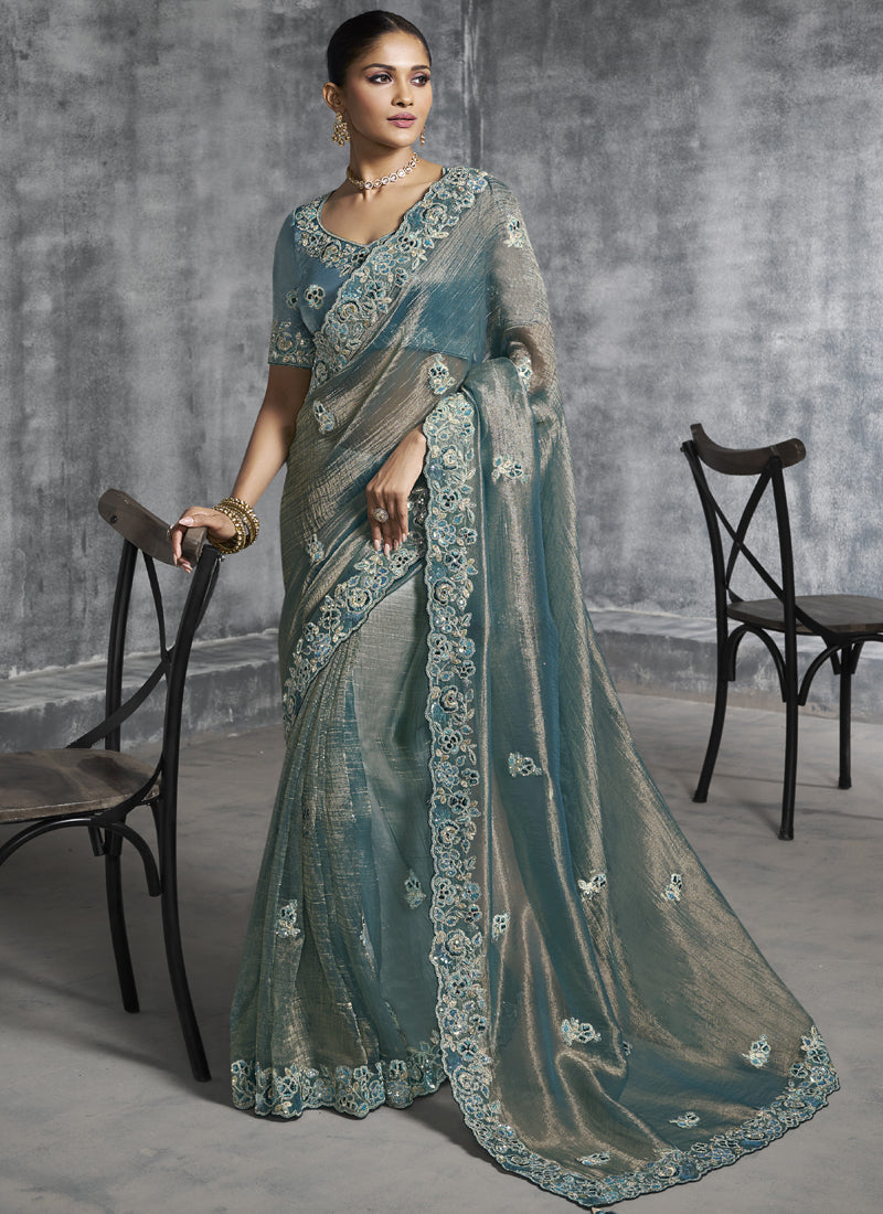 Vegaa Fashion Turquoise Silk Embroidered Wedding Wear Saree | Grocsy