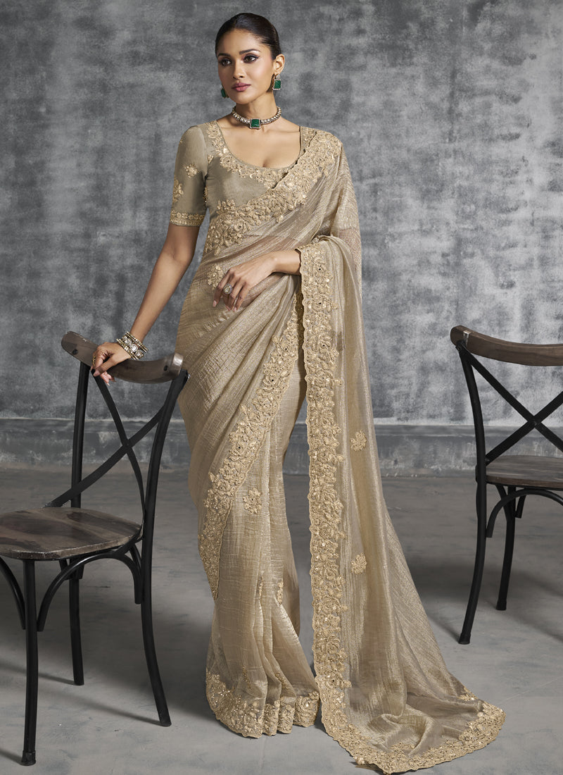 Vegaa Fashion Beige Art Silk Embroidered Wedding Wear Saree | Grocsy