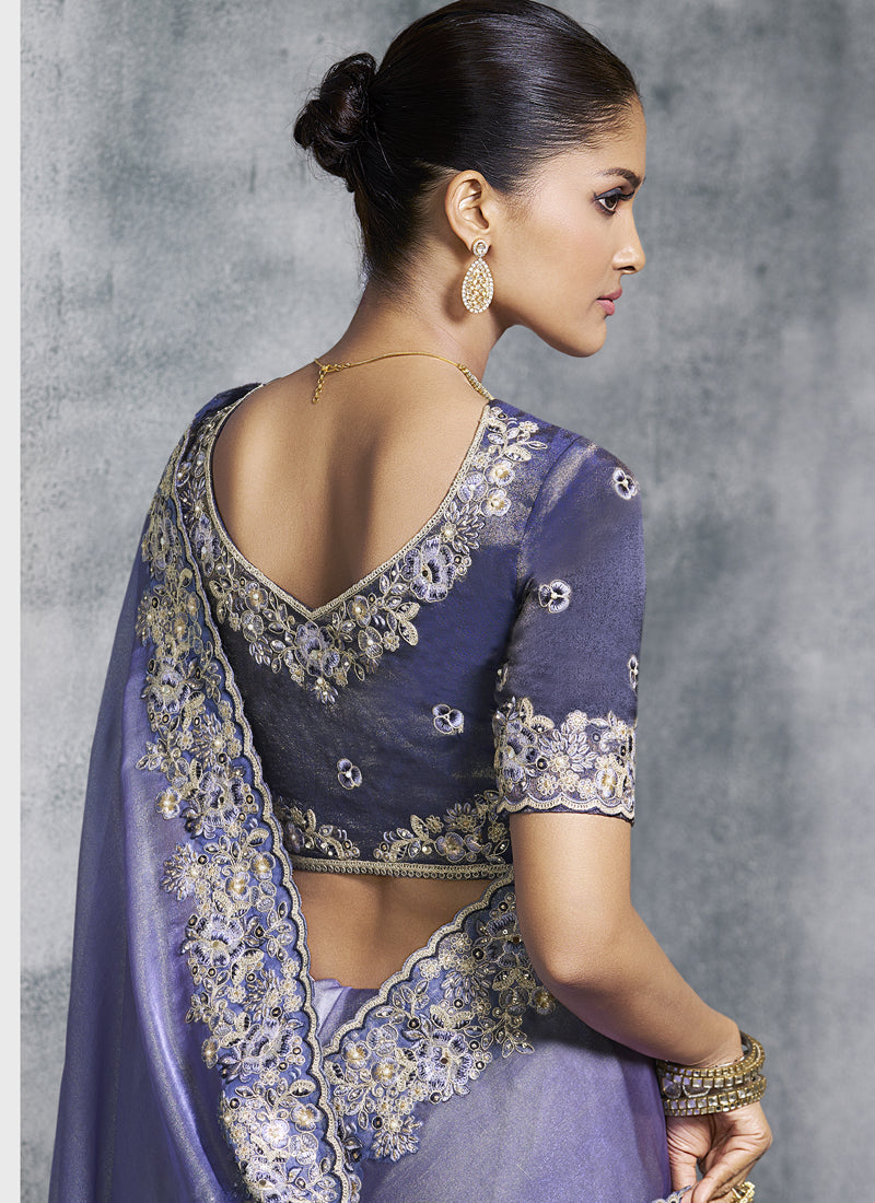 Vegaa Fashion Lavender Silk Embroidered Wedding Wear Saree | Grocsy